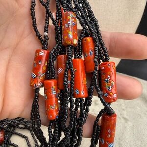 Vintage Beaded Necklace Boho Red Black 22"